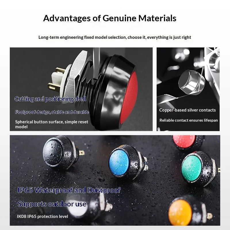 12mm red wave spherical handle self-resetting button with waterproof housing and silver-plated contacts
