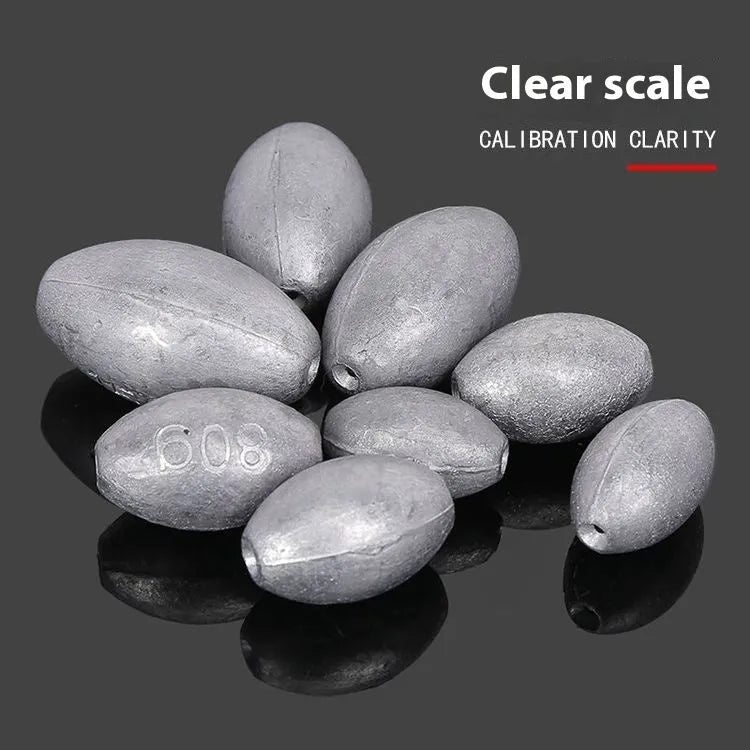 Rugby-shaped olive lead fishing weight with plastic core for sea fishing in various sizes