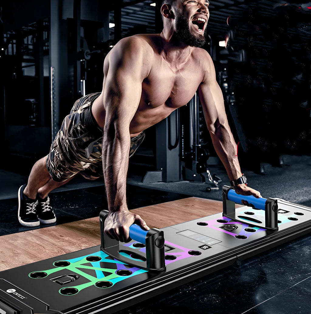 Intelligent multifunctional push-up board in black with TPE grips, 87cm platform for chest and abdominal training