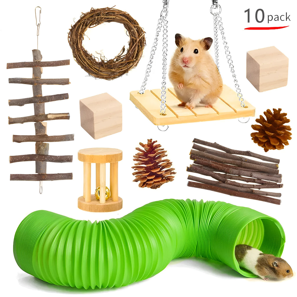 Wooden pet chewing toy set for rabbits guinea pigs parrots with various natural material components