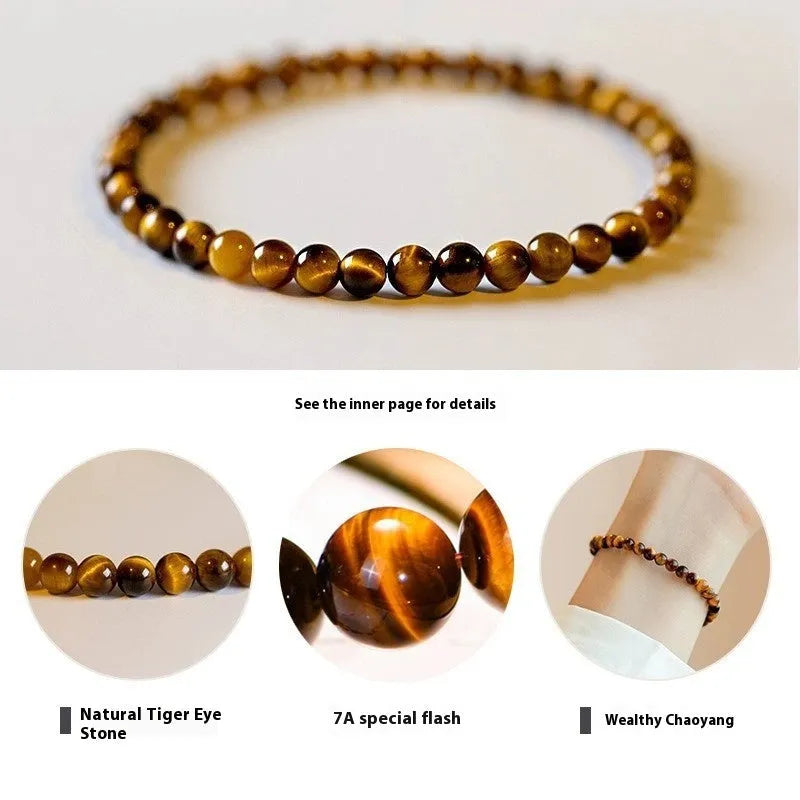 Handcrafted tigereye bracelet in new Chinese style with geometric round elements, shown in 4mm, 6mm, and 8mm bead sizes.