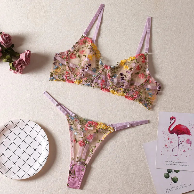 Floral pattern mesh bra with steel ring T-back and matching underwear in skin colour