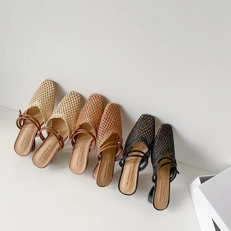 Women's black retro chunky heel slippers with square toe and breathable hollow-out design on artificial PU upper.
