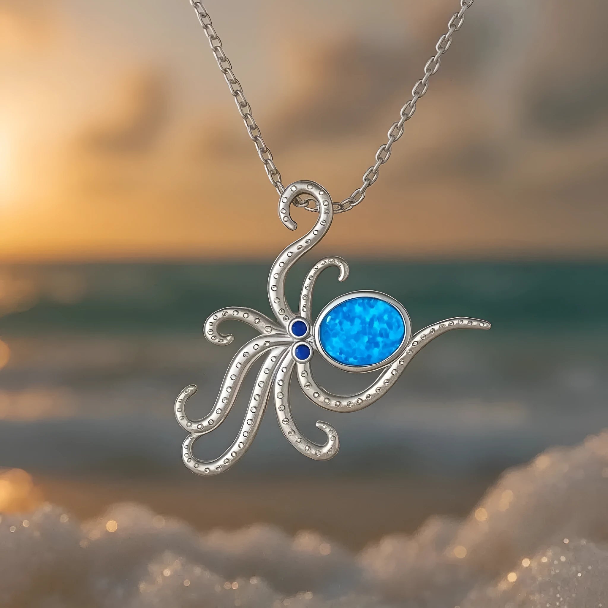 Silver octopus pendant necklace with geometric opal inlay on stainless steel chain
