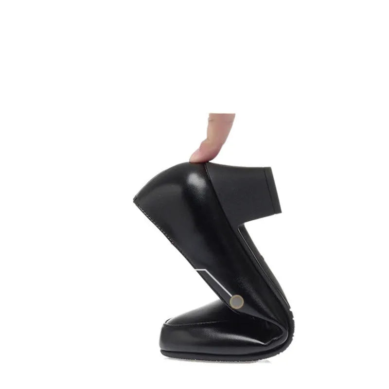 Women's soft leather chunky heel mom shoes in black, pointed toe slip-on style