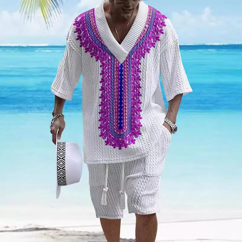 Men's knitted short-sleeved shorts suit in drop-shoulder design with matching printed shorts
