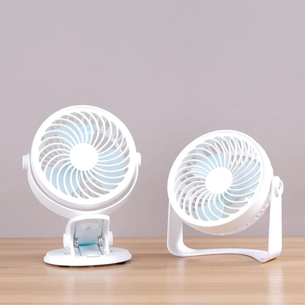 USB-powered mini clip fan with brushless motor and three blades on white desk