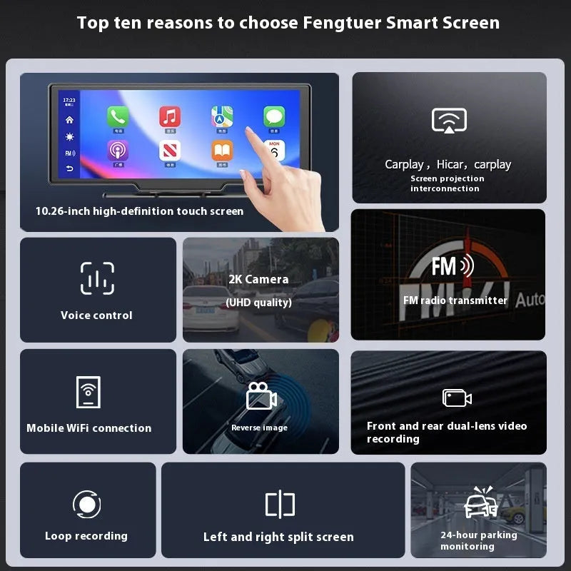 10-inch CarPlay smart screen with touchscreen and dual recording camera for vehicles