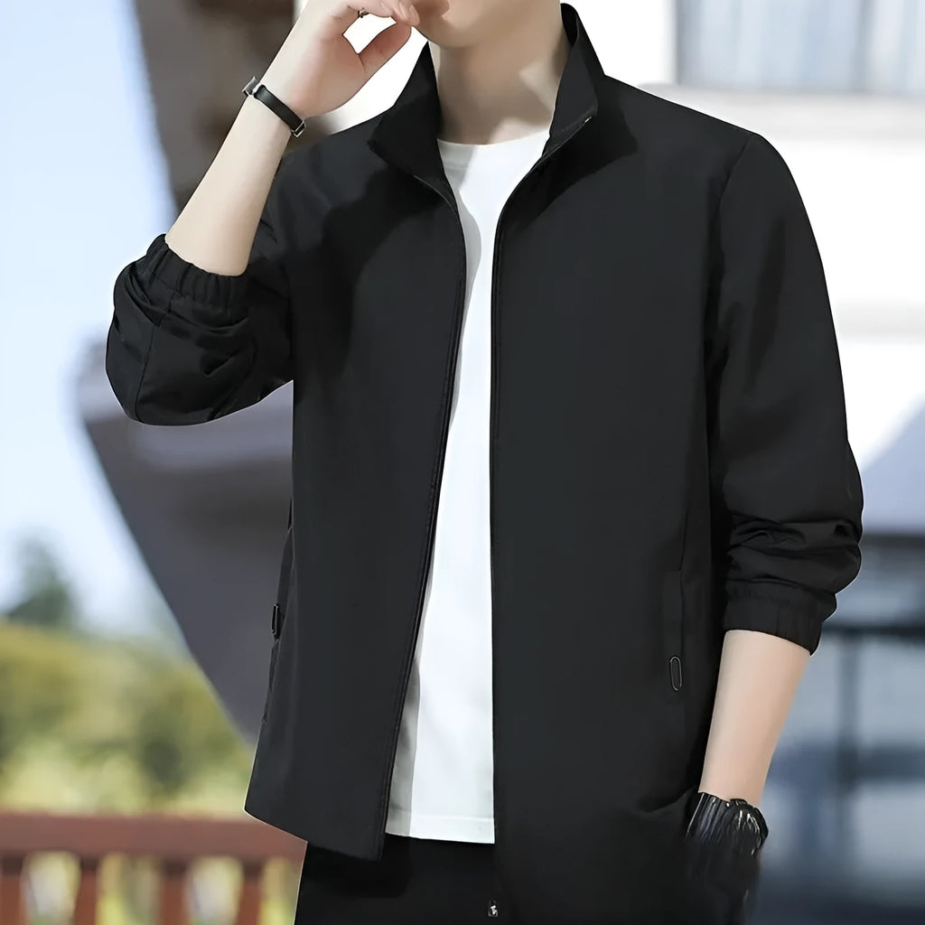Men's Korean style loose lapel casual jacket in a lightweight fabric, shown in blue.