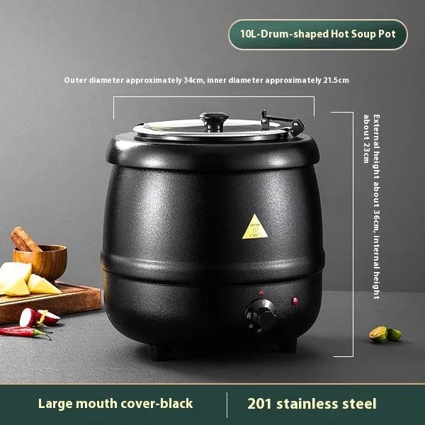 Black stainless steel insulated electric soup pot with steel lid and adapter plug, 10 litre capacity