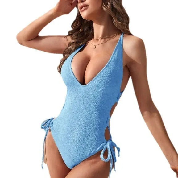 Women's hollow backless tether bikini one-piece swimsuit in polyester fabric