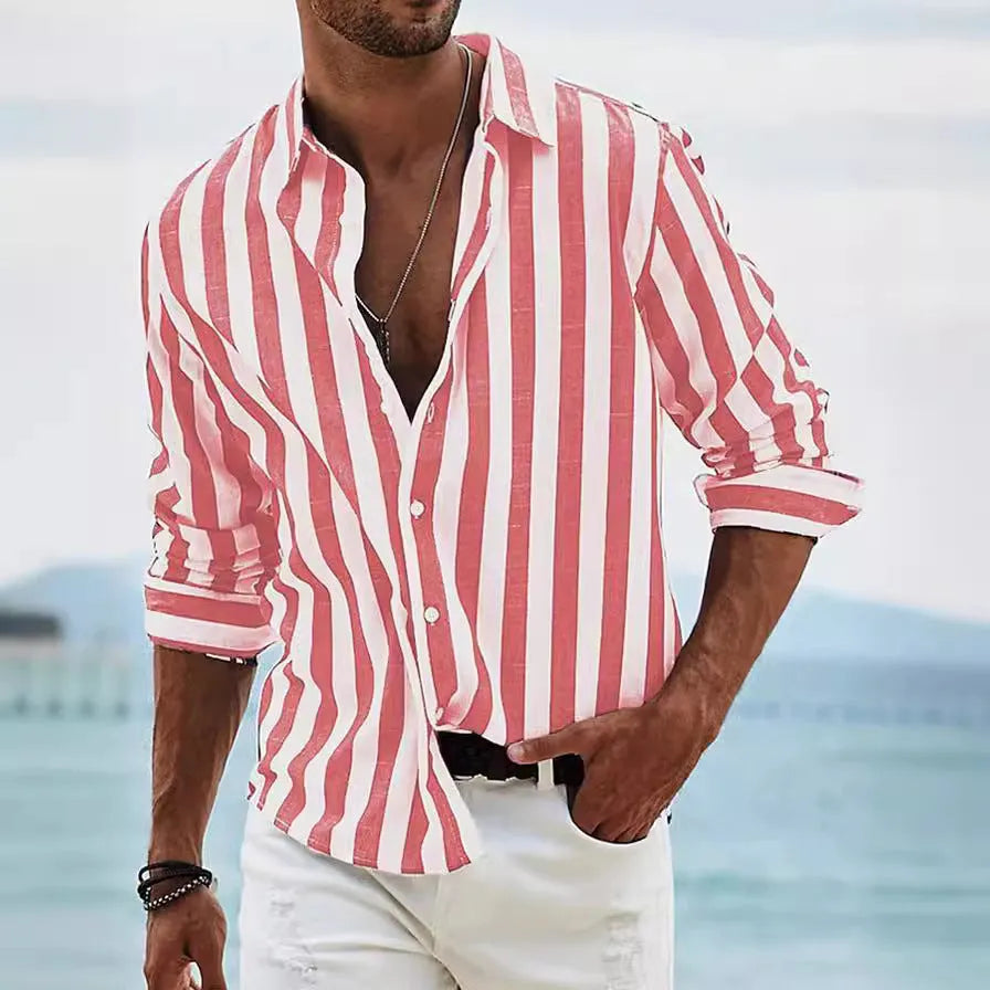 Men's yarn-dyed striped casual shirt in British cardigan style with loose fit and long sleeves