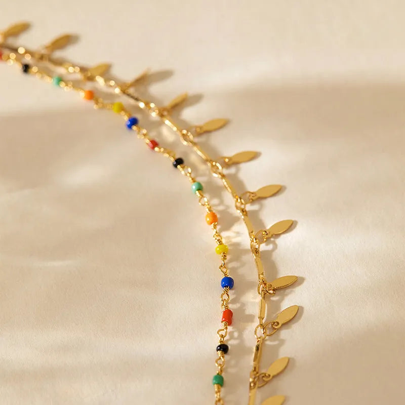 Beach layered retro copper plating 18K real gold anklet with ornament inlay for women