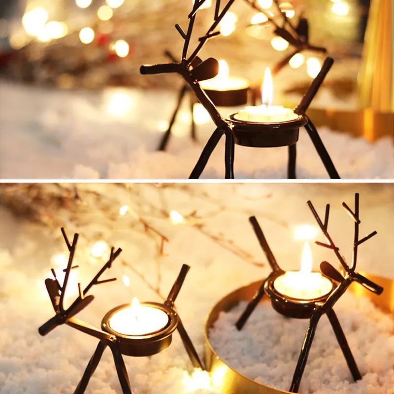 Black iron Christmas deer candlestick holder with elk bracket and festive motifs.