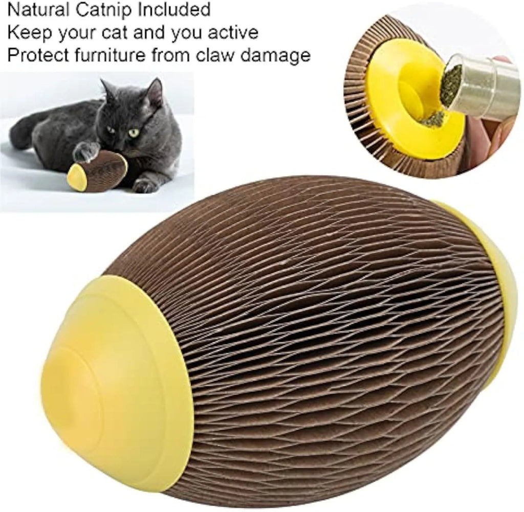 Elliptical corrugated paper catnip scratch football toy for cats.