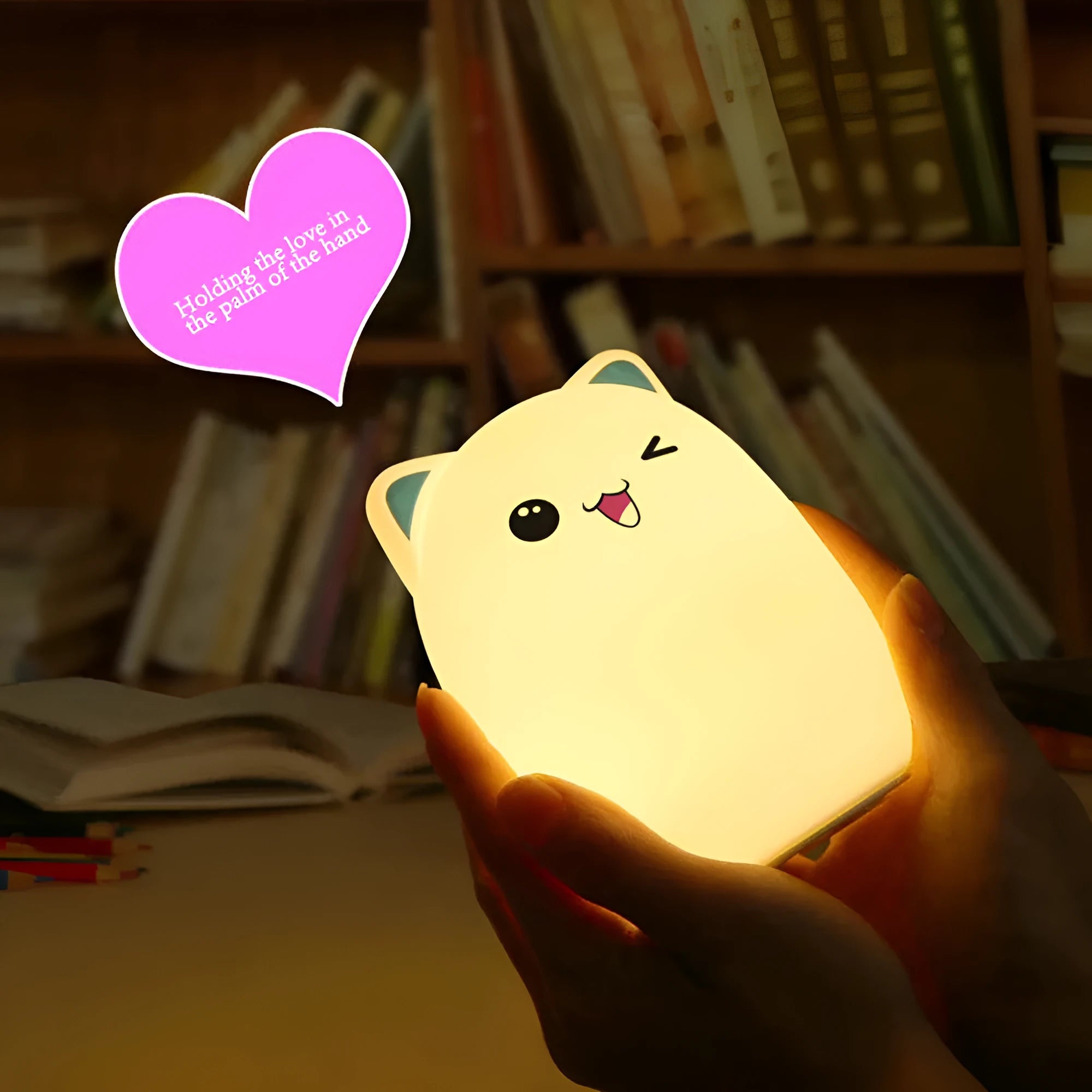 Cartoon silicone clap lamp in blue with warm white light mode on a wooden bedside table