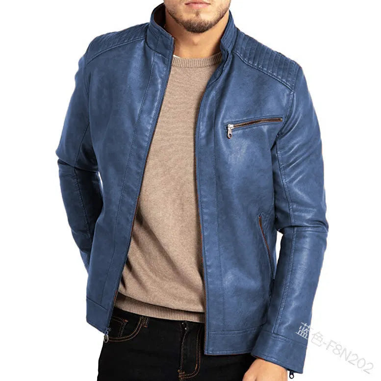 Men's punk style artificial leather biker jacket in Army Green with stand collar and patch pockets
