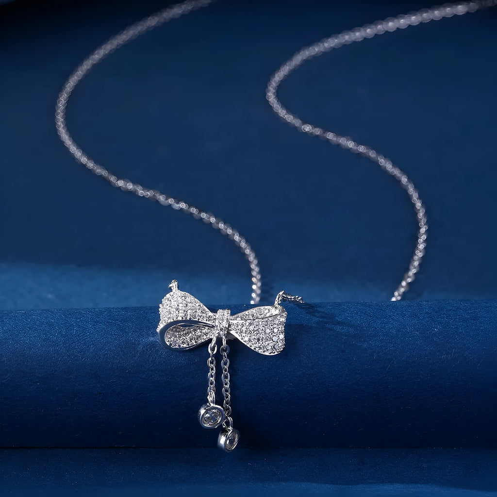 S925 sterling silver bow necklace with O-ring chain and adjustable 40-45cm length