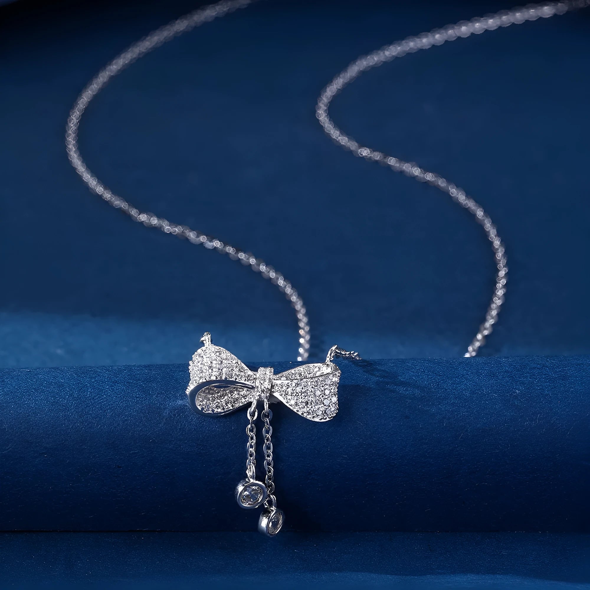 S925 sterling silver bow necklace with O-ring chain and adjustable 40-45cm length