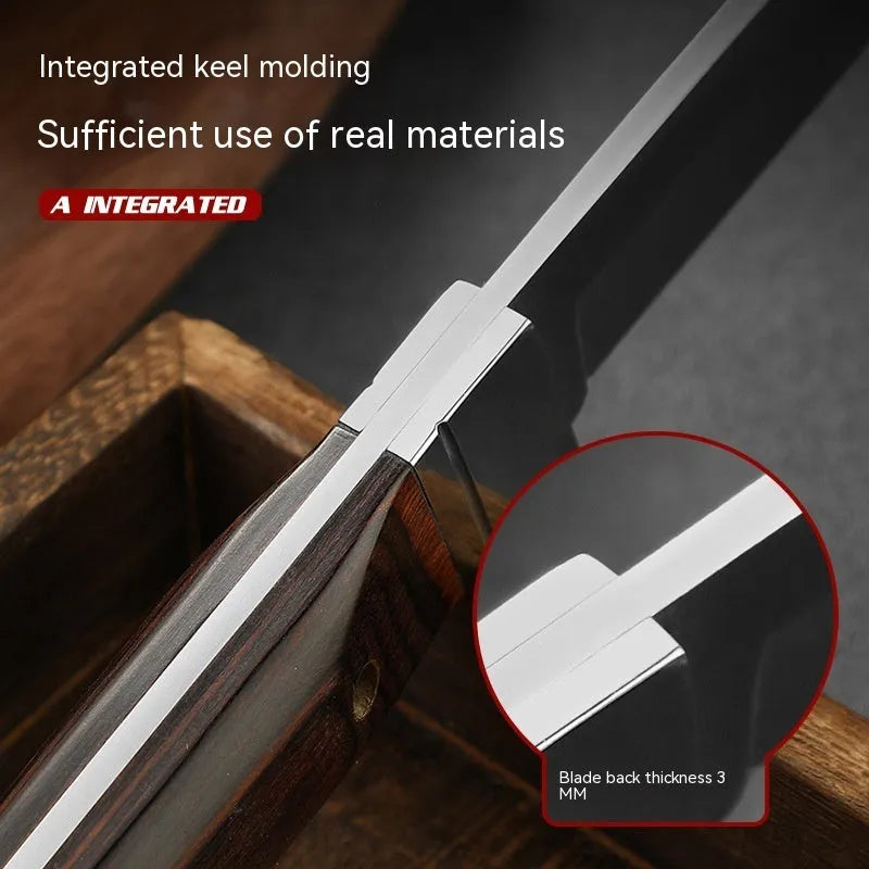 Camping stainless steel fruit knife with leather case showing one-piece keel forming and national style design.