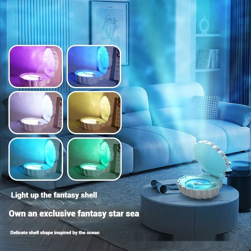 Retro blue vinyl record player shaped decorative shell lamp with LED lights on a wooden table.