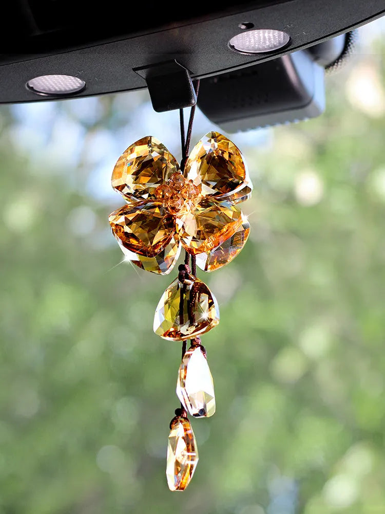 Crystal four leaf clover car pendant measuring approximately 20cm in transparent, champagne, black or shiny finish