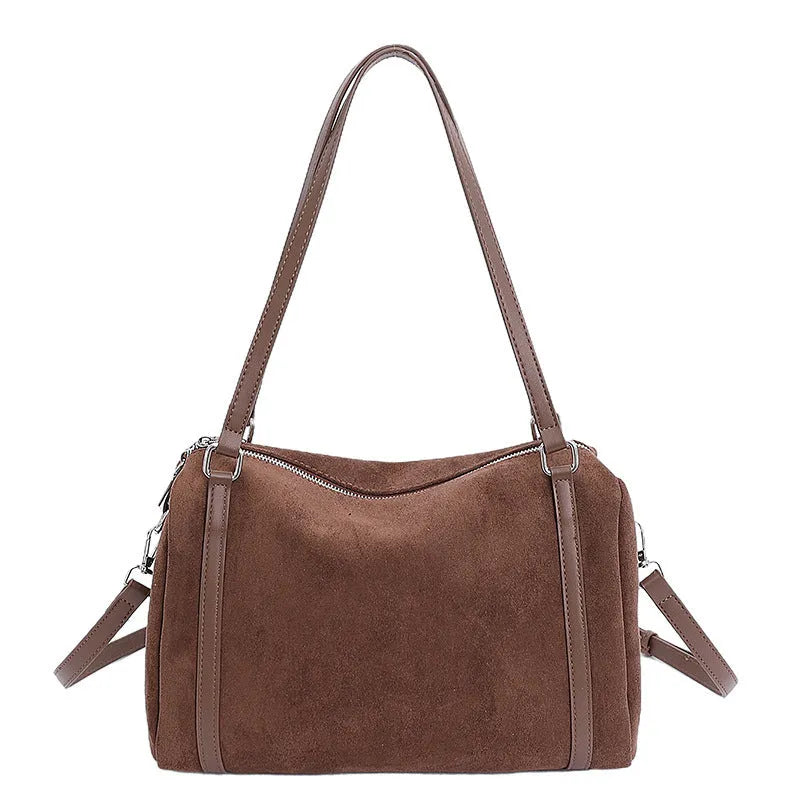 Women's suede crossbody bag in brown with large capacity and retro horizontal square shape