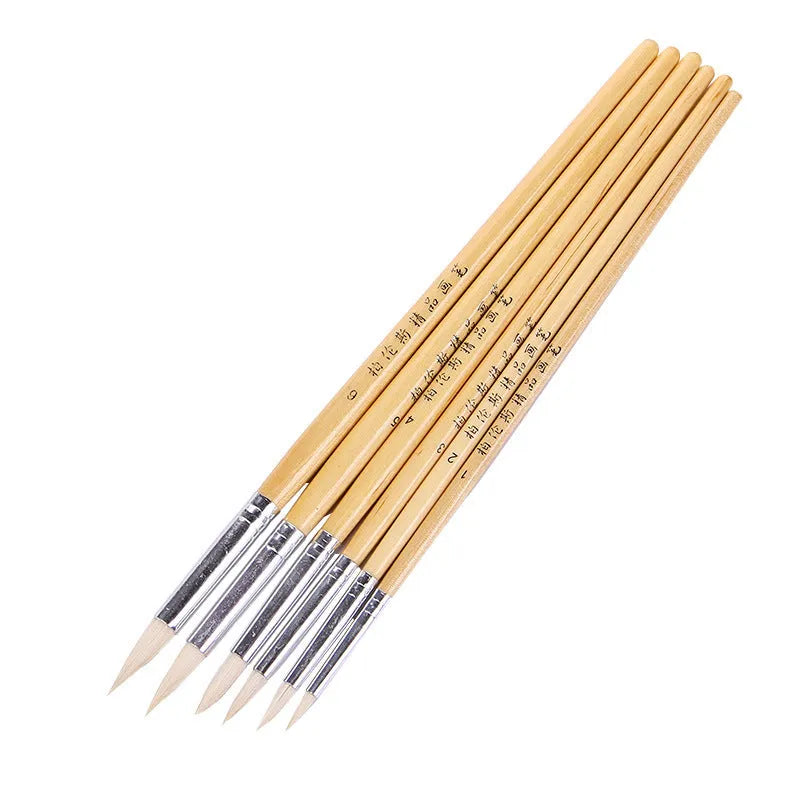 6 wooden hook line pen brushes for wool craft with pointed handles and conventional colours