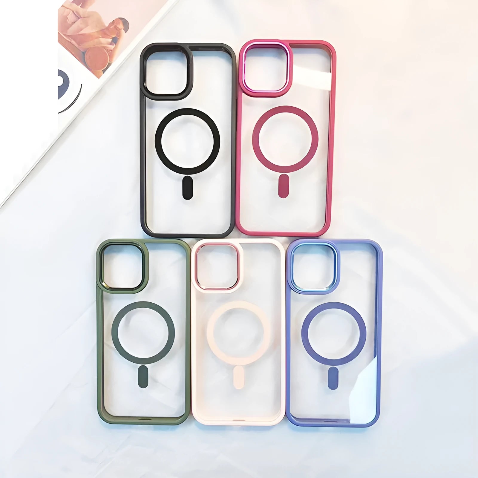 A transparent silicone magnetic phone case for iPhone, shown in a solid colour on a phone.