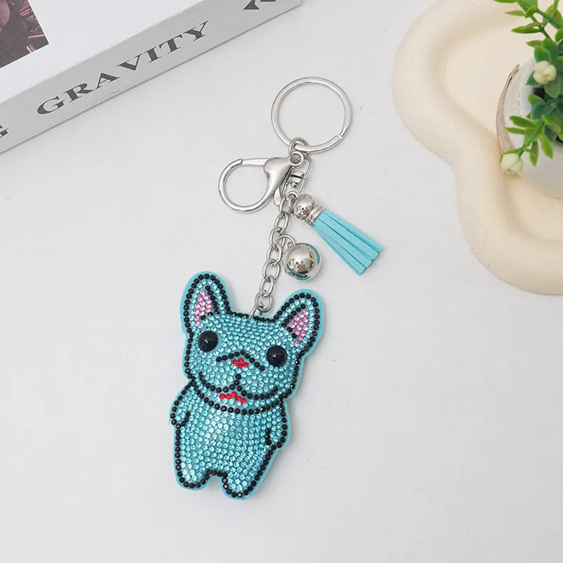 Rhinestone dog bear pig cartoon animal alloy keychain in caramel, grey, lake blue or white colours, 5-7 cm.