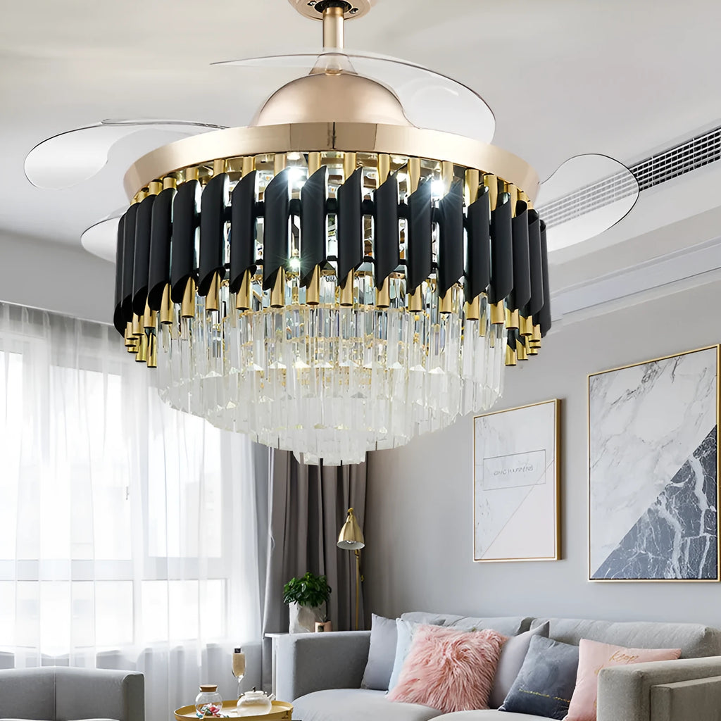 Ceiling fan with crystal chandelier LED light and remote control in 42 or 48 inch sizes