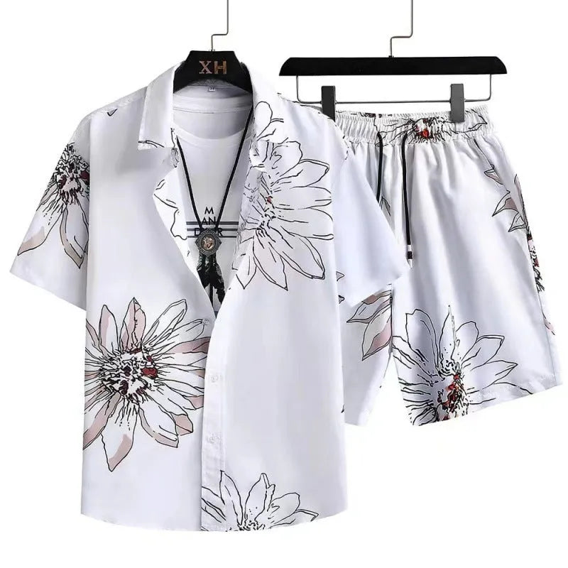 Men's short sleeve cardigan and matching shorts suit set with digital printed design.