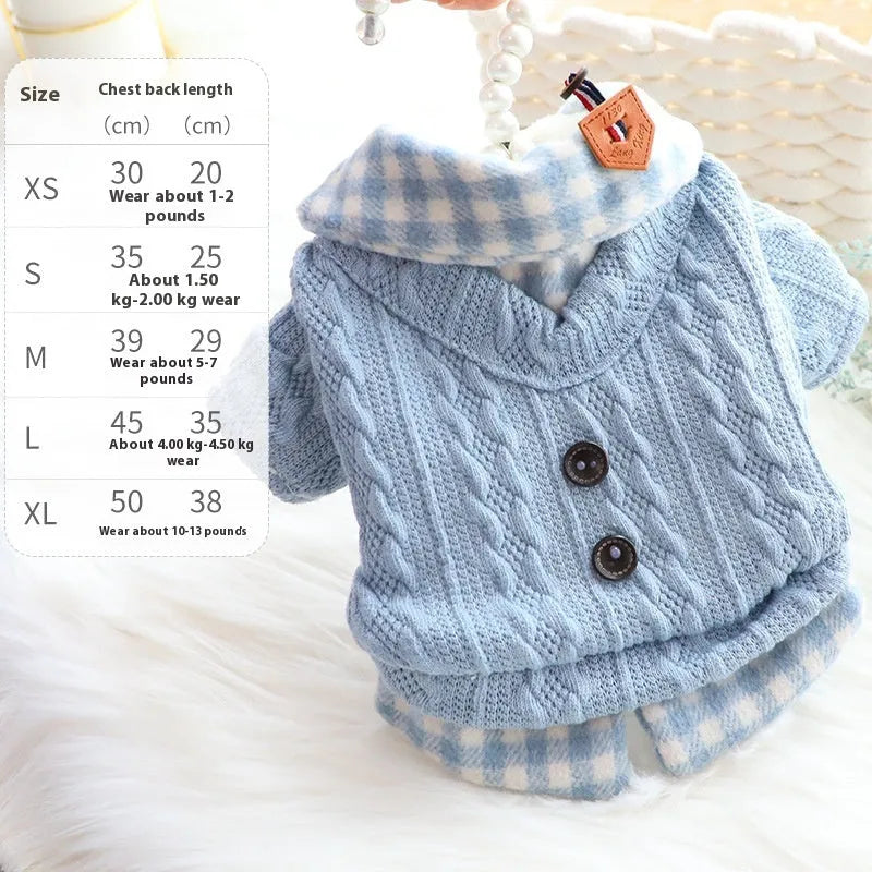 Blue wool plaid dog sweater with fake two pieces design and fleece lining