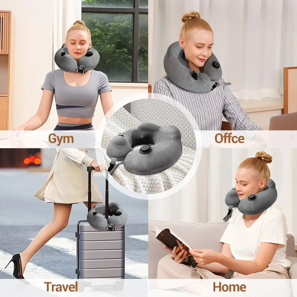 Gray inflatable U shape neck massager pillow with kneading massage modes and travel carry bag