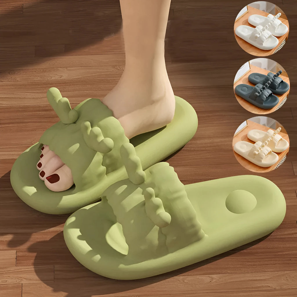 Deer horn design EVA flip flop slippers in light yellow, showing hollow out upper and textured sole.