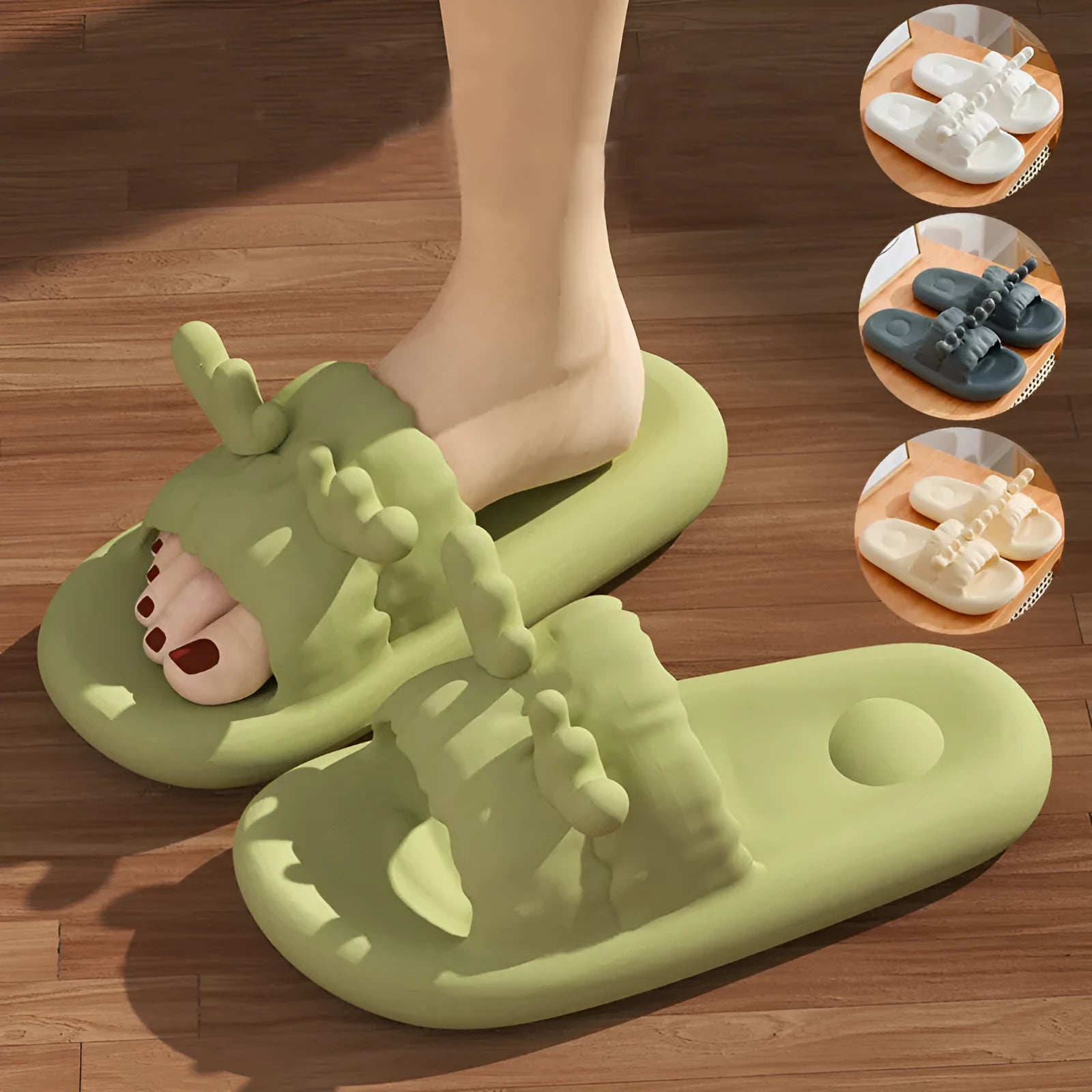 Deer horn design EVA flip flop slippers in light yellow, showing hollow out upper and textured sole.