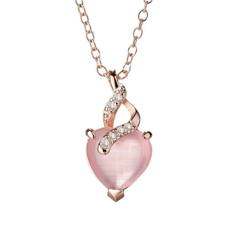 Rose gold heart-shaped crystal pendant necklace with cross chain for women