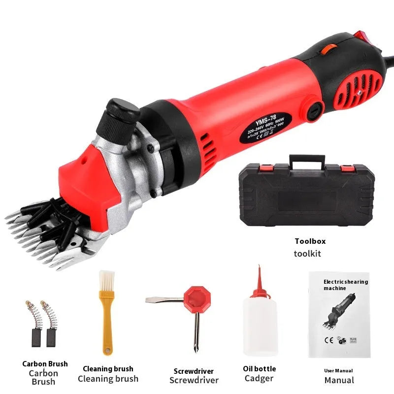 Yellow electric wool shearing machine with 110V plug and multiple blade attachments in plastic storage case