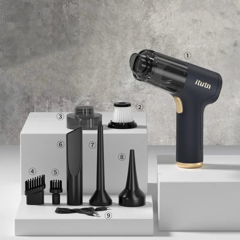 Black wireless handheld car vacuum cleaner with inflation function and multiple nozzle attachments