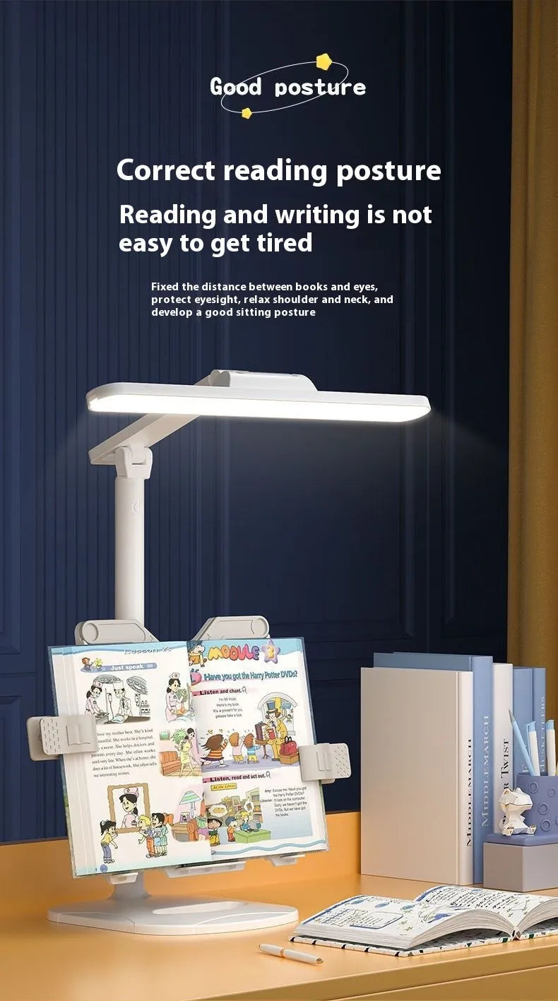 Multifunctional adjustable reading lamp on a bookshelf with charging cable