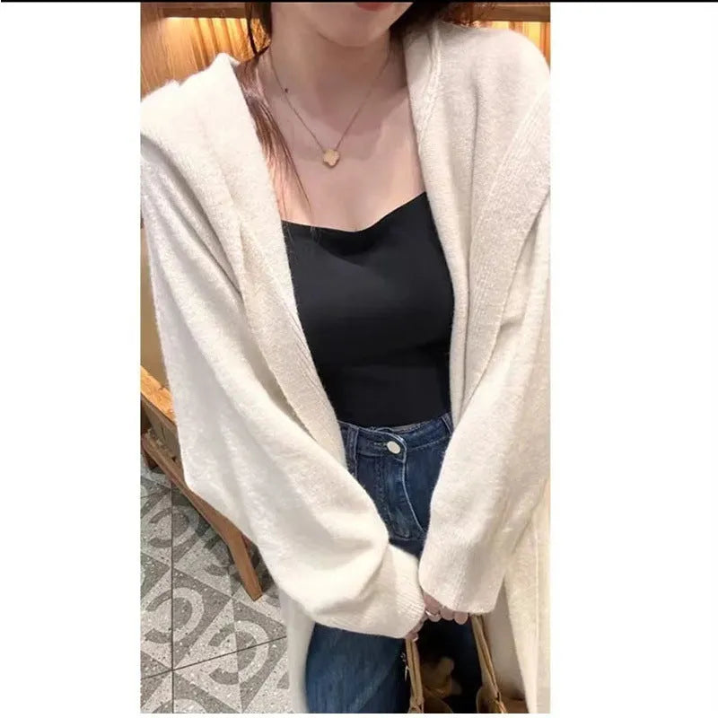 Korean style long hooded cardigan for women in a wool blend, shown in beige, loose below-knee fit.