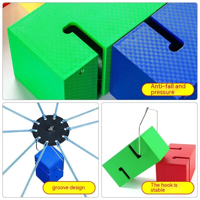 Team building game equipment set with ABS tower blocks, ropes, and connection components for outdoor group activities