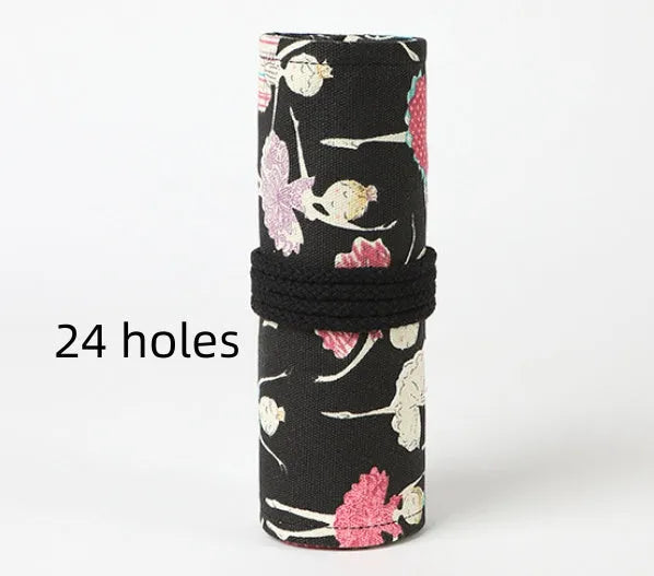 Square canvas rolling pencil case with ballet girl print, shown in multiple hole capacity sizes.