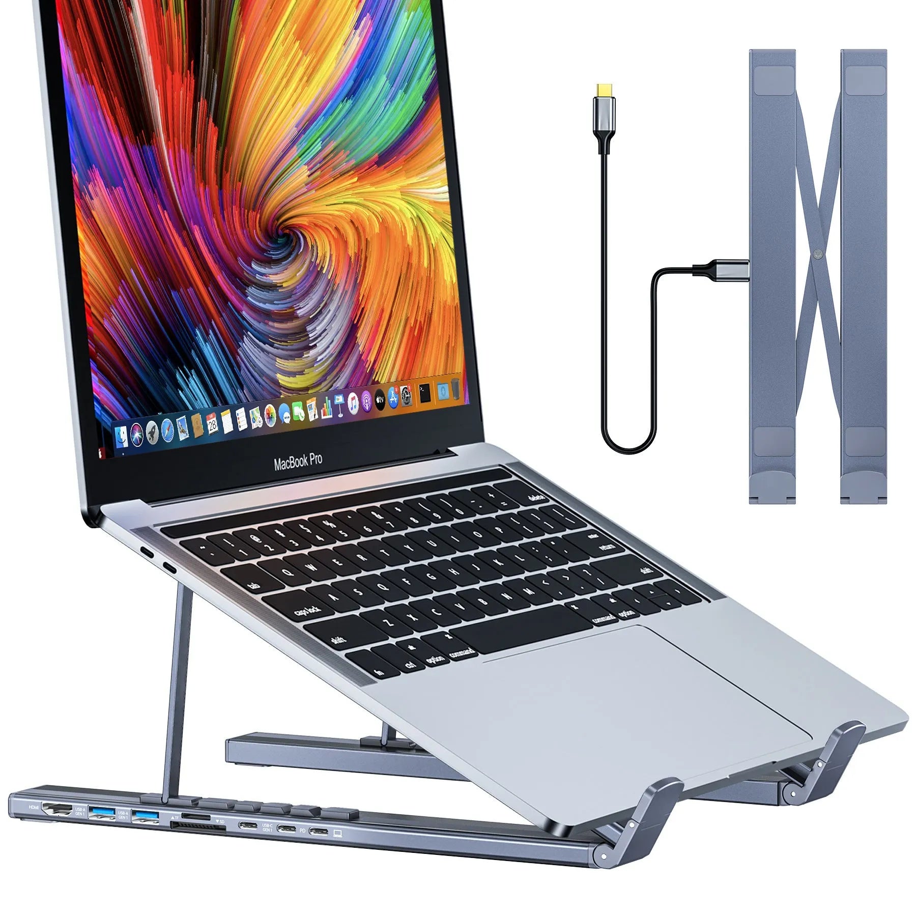 Aluminium alloy folding laptop docking station with 8-in-1 multi-interface hub showing compact design