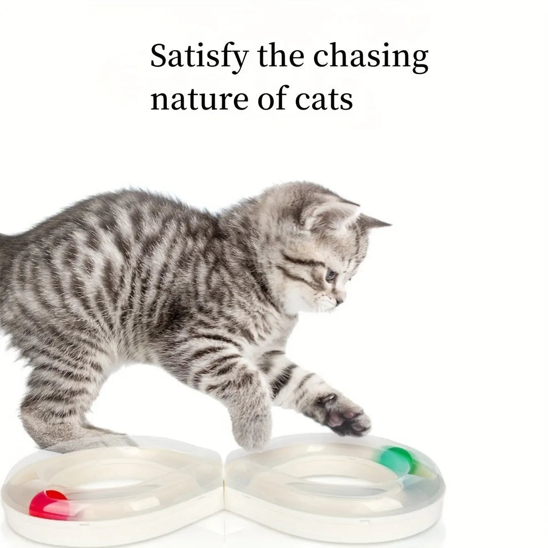 Blue and white cat turntable track ball toy with spinning mechanism for interactive play