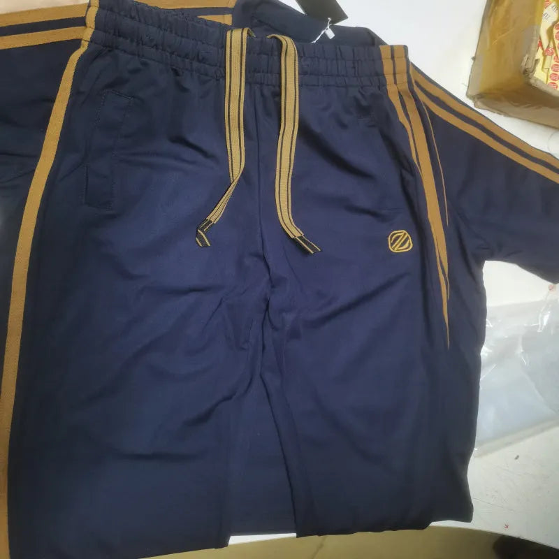 Men's blue short sleeve sports suit set with matching pants, ironing-free polyester fabric