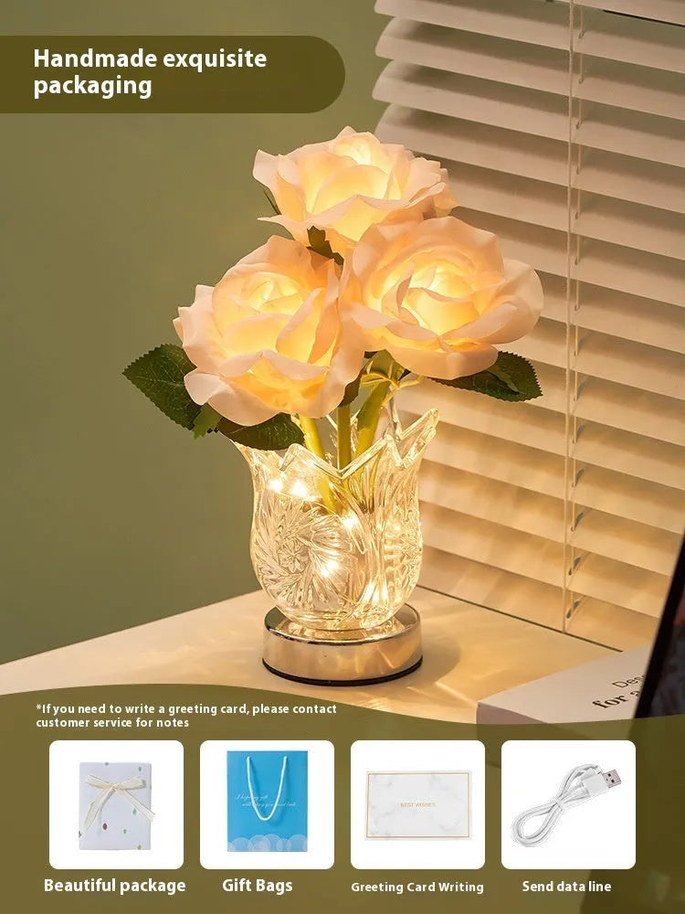 Modern crystal flowers rechargeable touch control table lamp on a bedside table