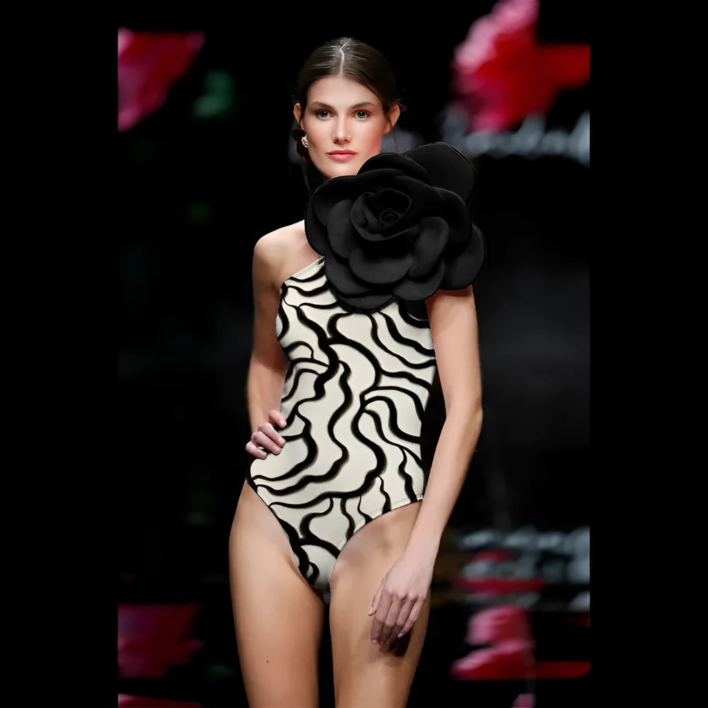 Women's one-piece swimsuit with three-dimensional flower prints in European American style