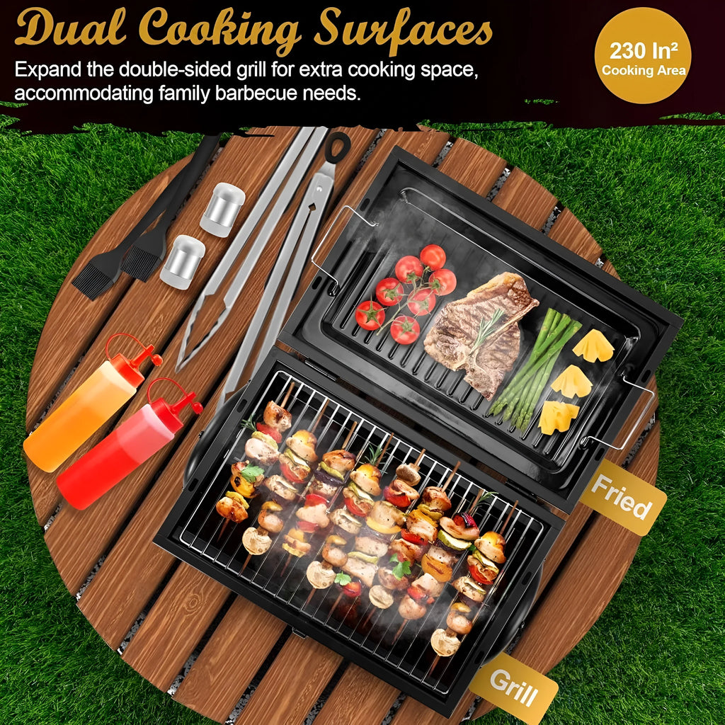 Small folding charcoal barbecue grill stove shown in use on a tabletop.