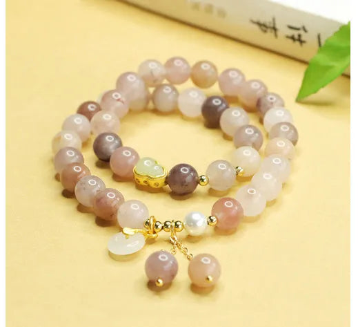 Natural Jinsi Jade double ring bracelet golden silk jade colour 8mm beads unisex gourd style